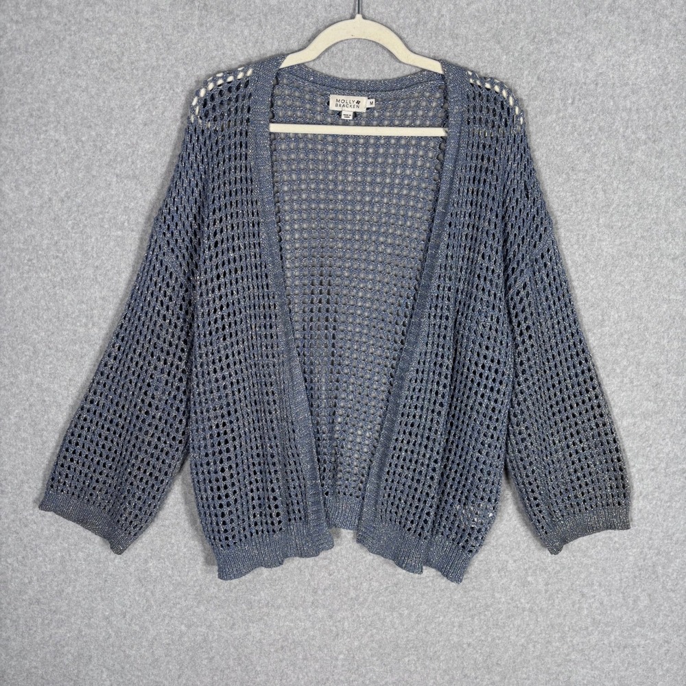Molly Bracken Metallin Open Knit Cardigan Medium Blue Silver Crochet Shimmer